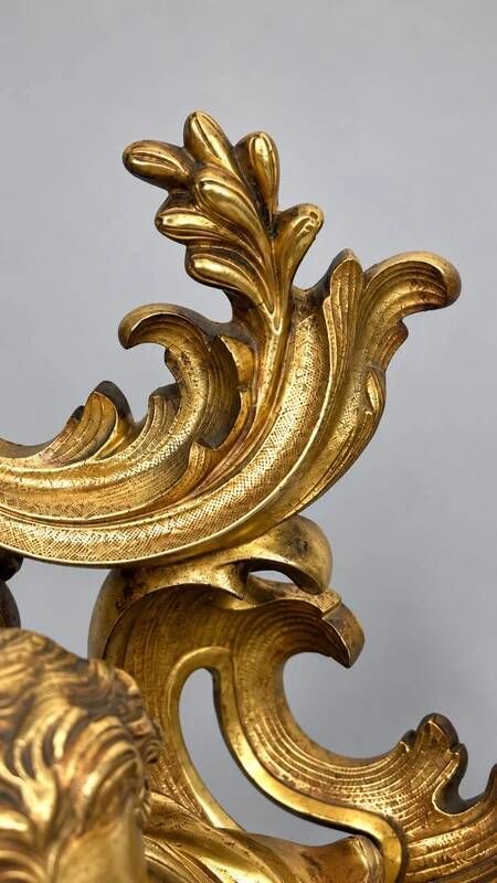 Pair of gilded bronze fire dogs Louis XV, musician putti