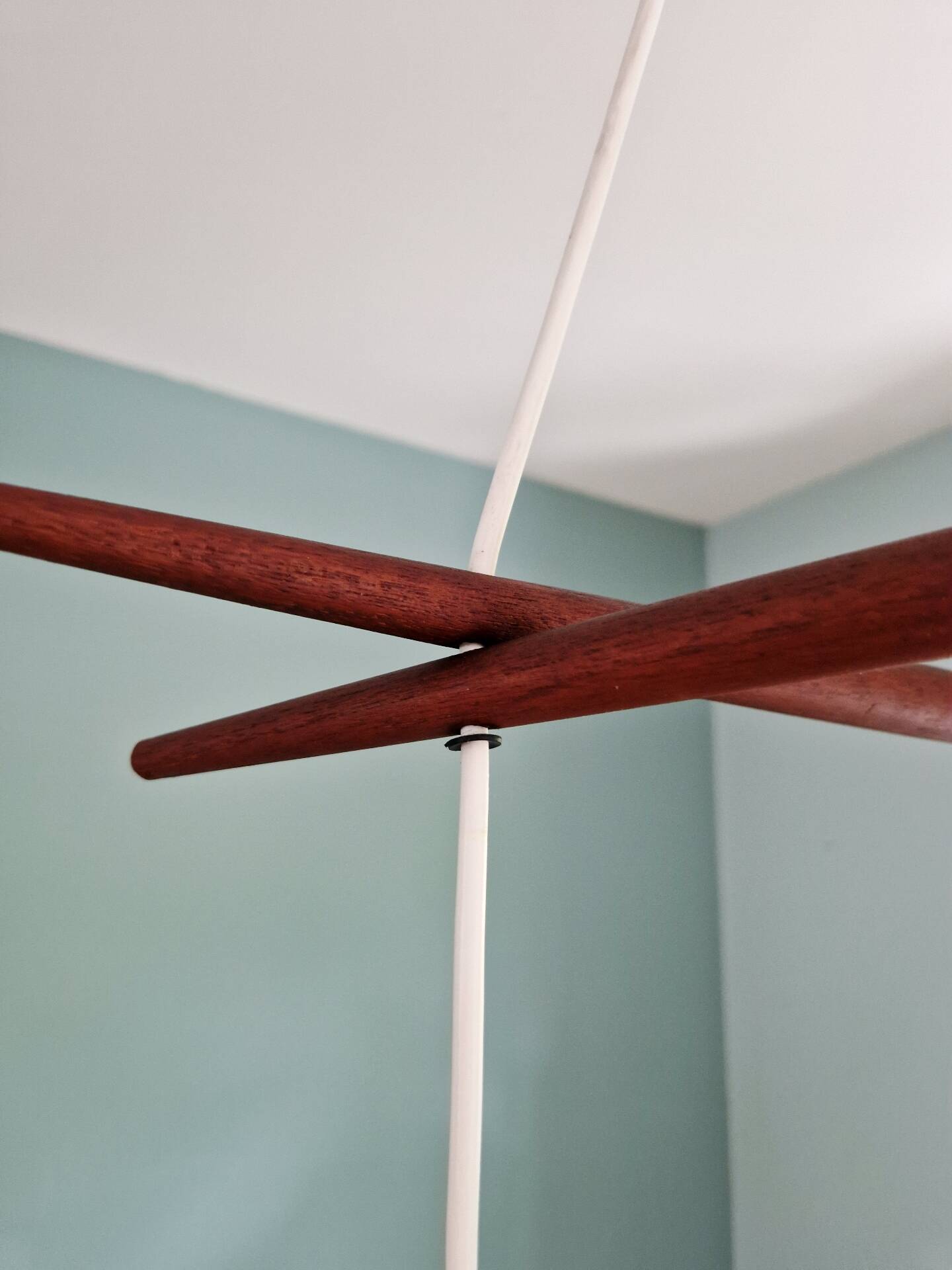Scandinavian chandelier in teak and white opaline, 1960s