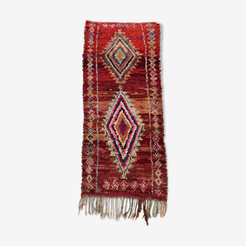 Moroccan Berber carpet boucherouite old red corridor with colored diamonds 271x100cm