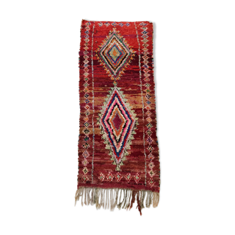 Moroccan Berber carpet boucherouite old red corridor with colored diamonds 271x100cm