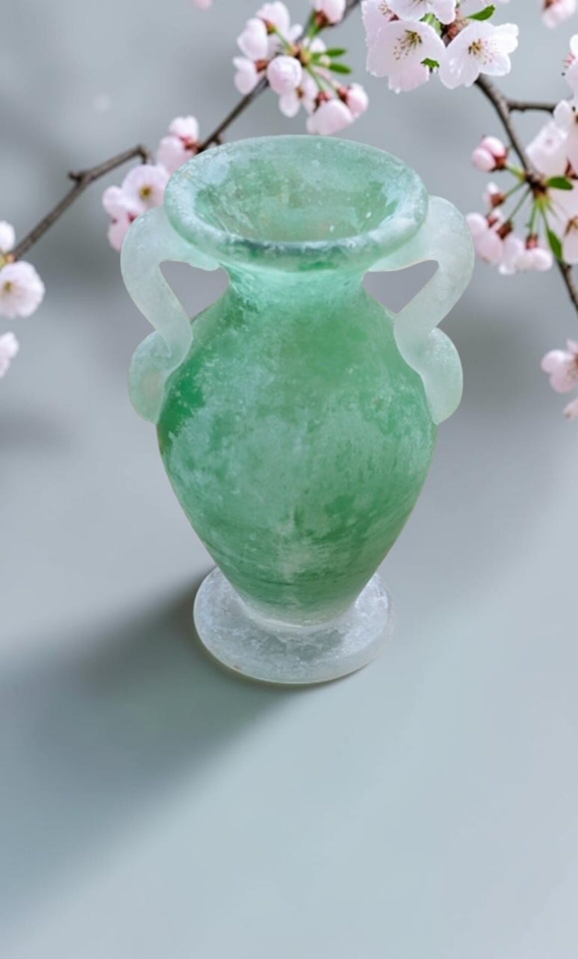 Small green Murano vase with handles – blown glass - "scavo" type