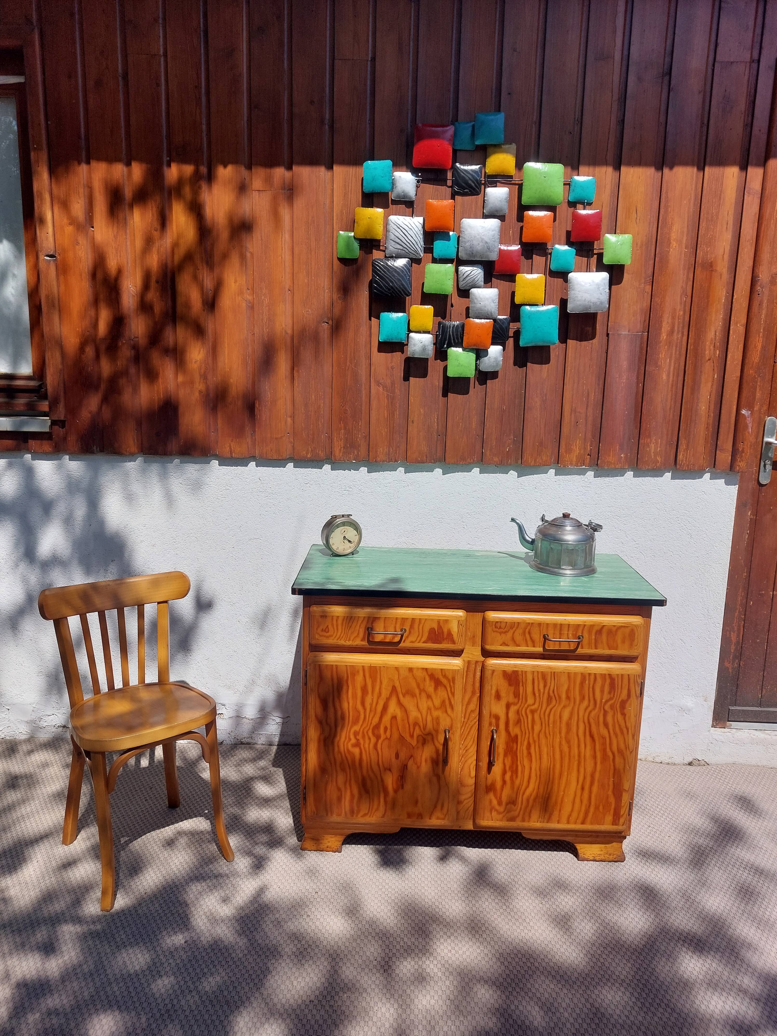 Mado wooden buffet, green and black tray, vintage.