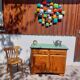 Mado wooden buffet, green and black tray, vintage.