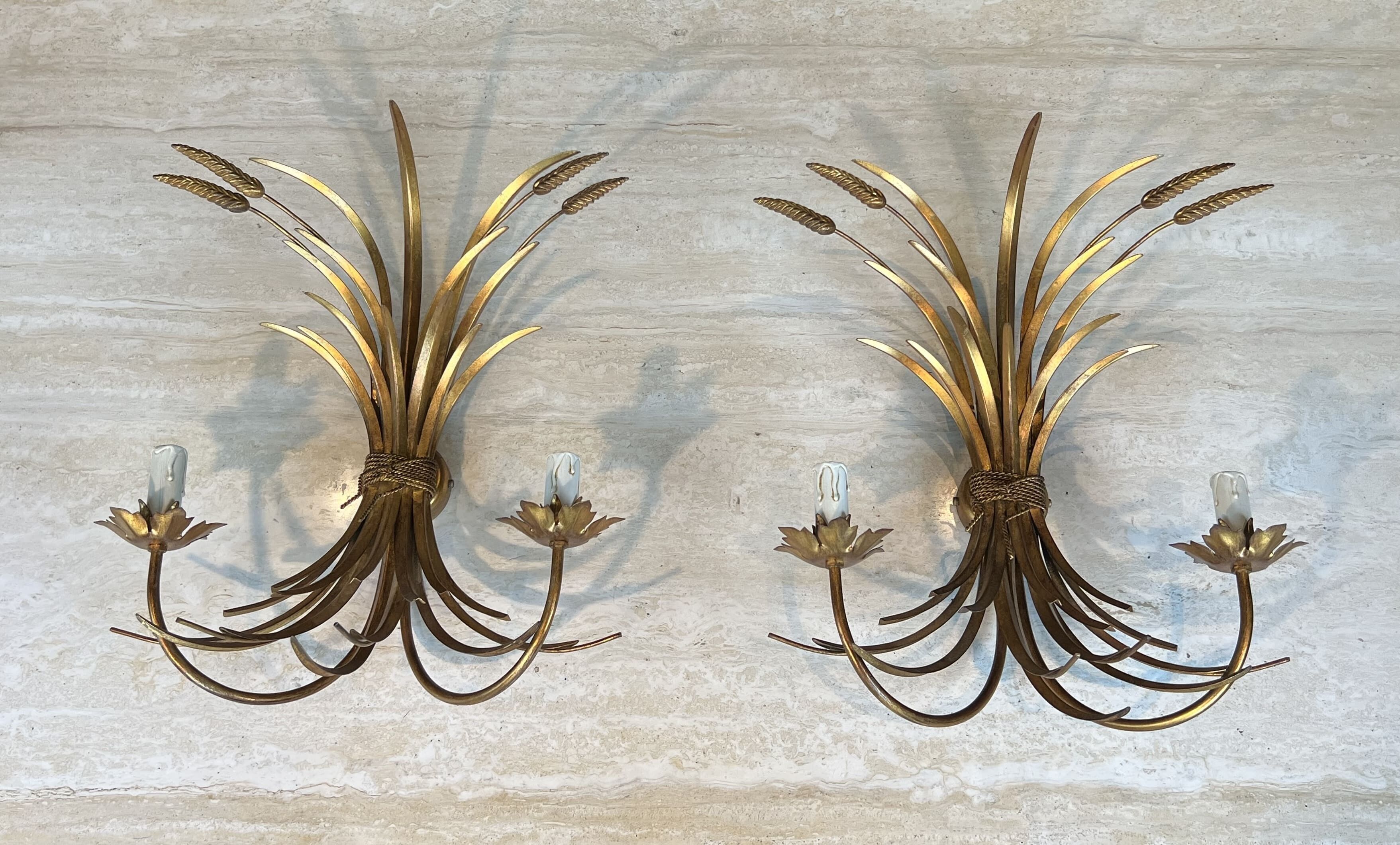 Pair of Golden Metal Wall Lights with Wheat Sheaf Decoration, Circa 1970