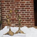 2 bougeoirs anciens chérubin en laiton