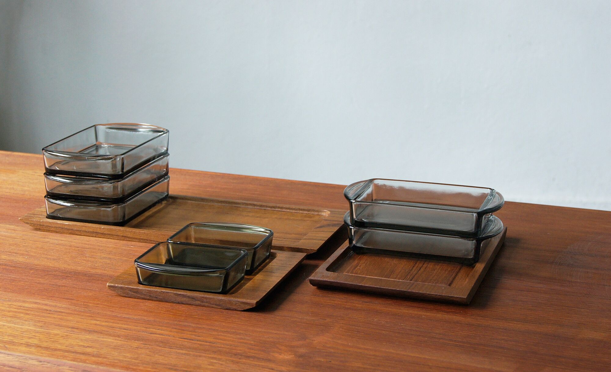 Danish Modern Serving Set Teak Tray With Glass Bowls