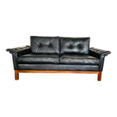 Vintage Scandinavian mid-century black buttoned leather 2-person sofa model Kardinal 1960s