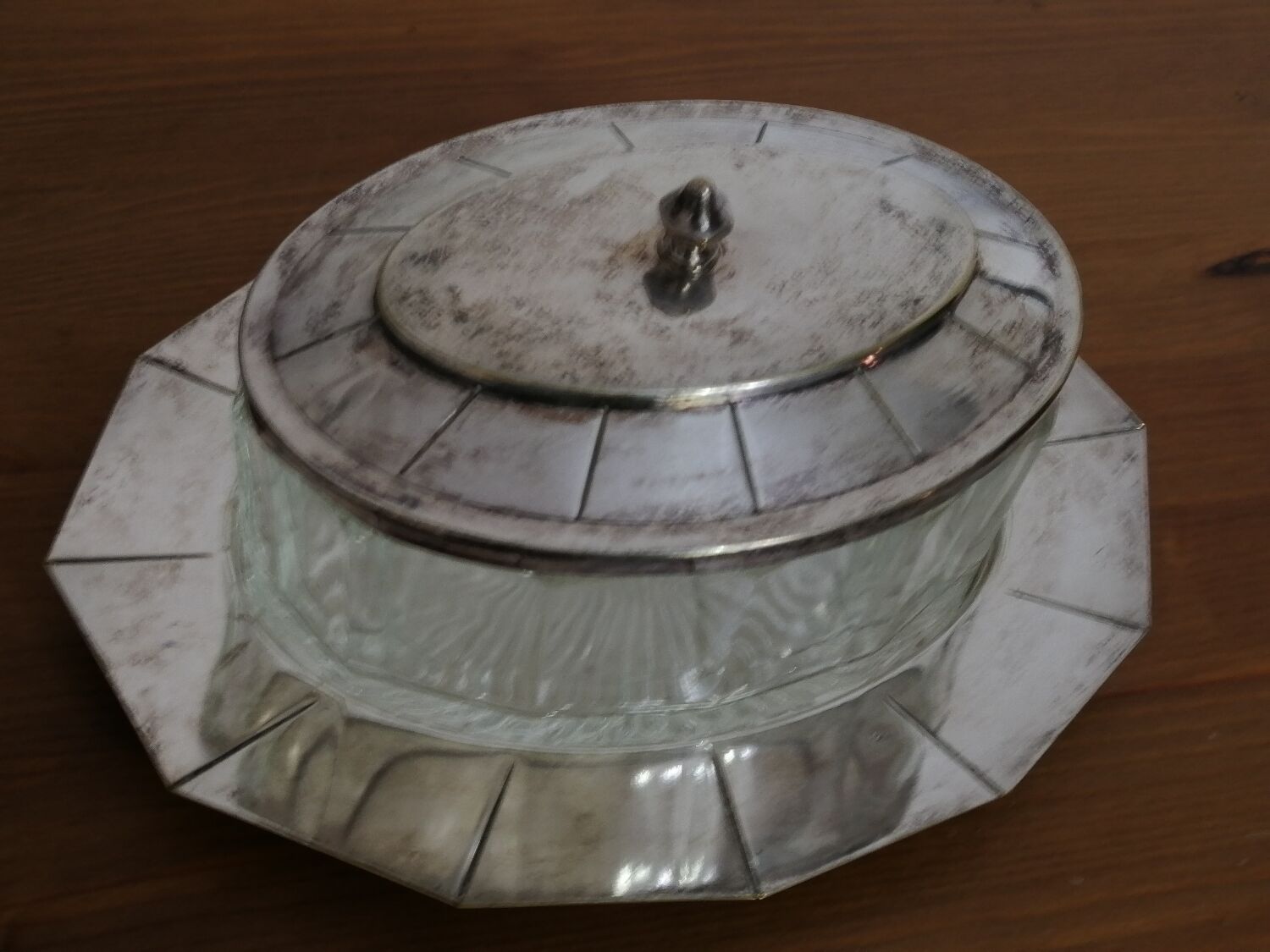 Glass sugar on art deco silver tray