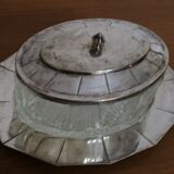 Glass sugar on art deco silver tray