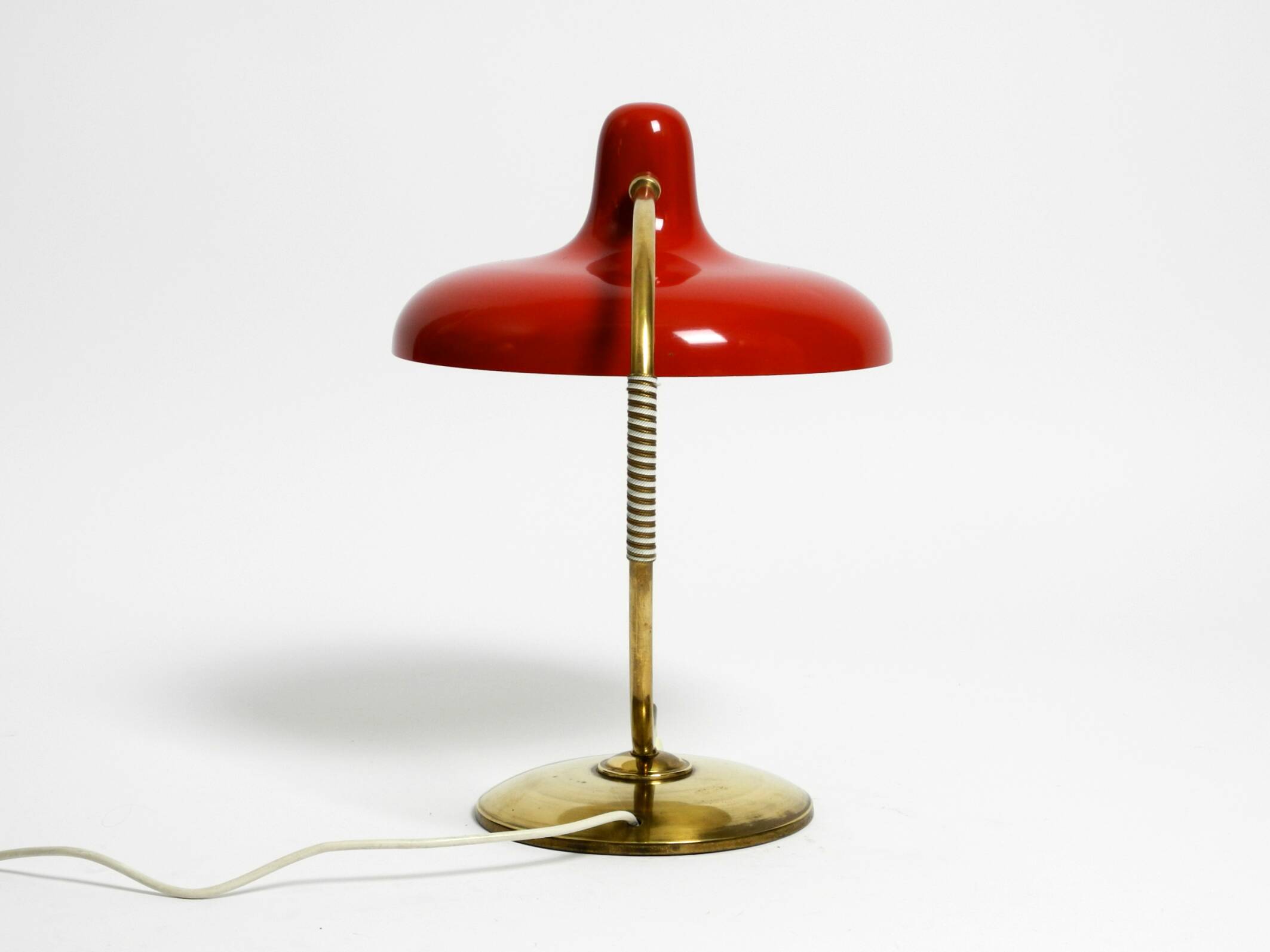 Beautiful large Mid Century Modern brass table lamp with red metal shade