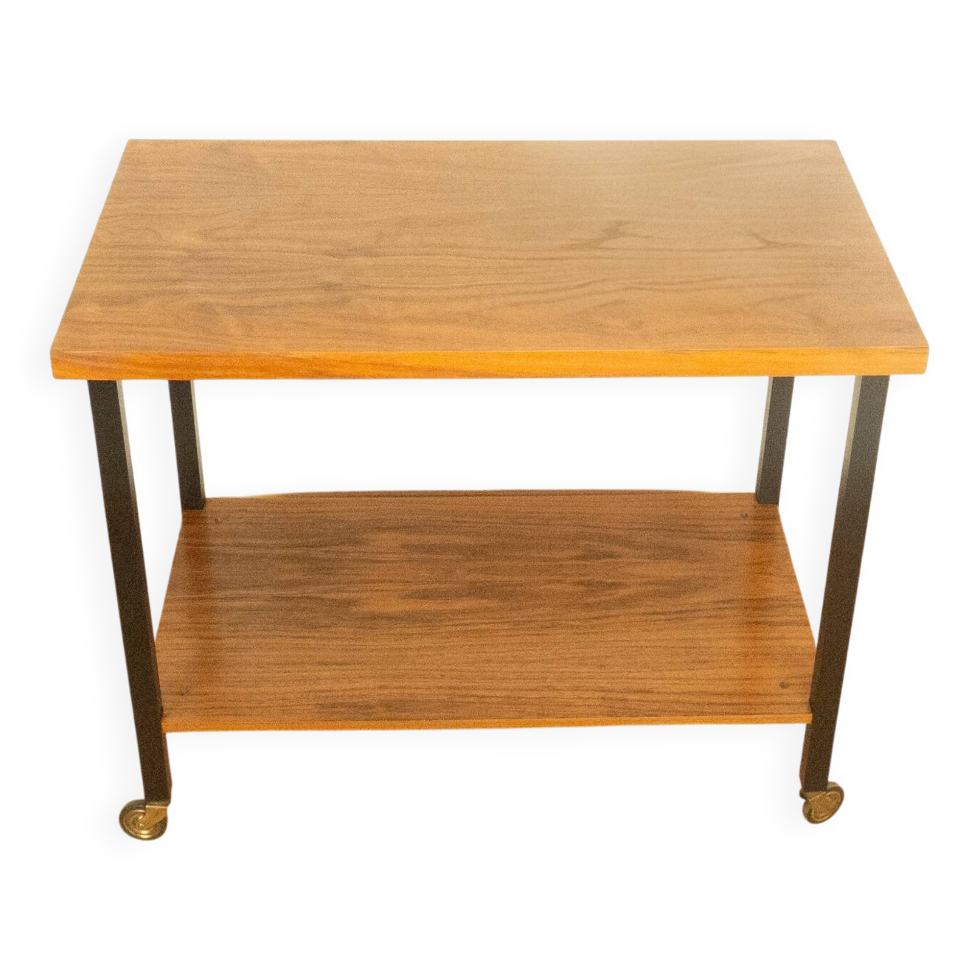 Serving trolley, side table, walnut, metal frame on brass castors, 1960s