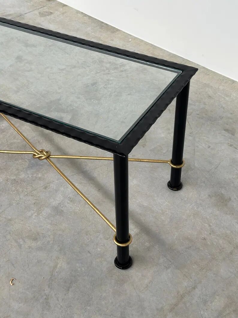 Vintage Coffee Table in Textured Black Wrought Iron and Glass with Gold Detail, 1970s
