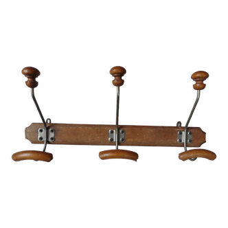 Wall coat rack with 3 double hooks wood and metal 1900 era