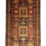 Red & Mustard Vintage Lankaran Geometric Wool Runner Rug 304 x 115 cm