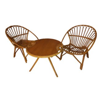 Salon fauteuils table rotin