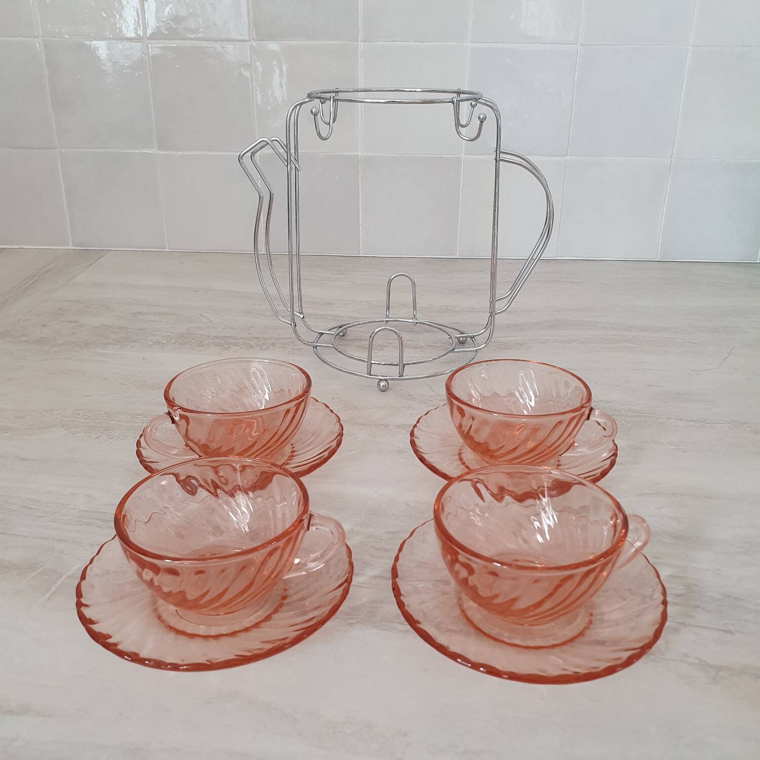 Rosaline cups and saucers by Arcoroc with metal stand