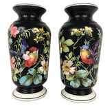 Pair of porcelain vases decorated with birds and flowers on a black background, Napoleon III