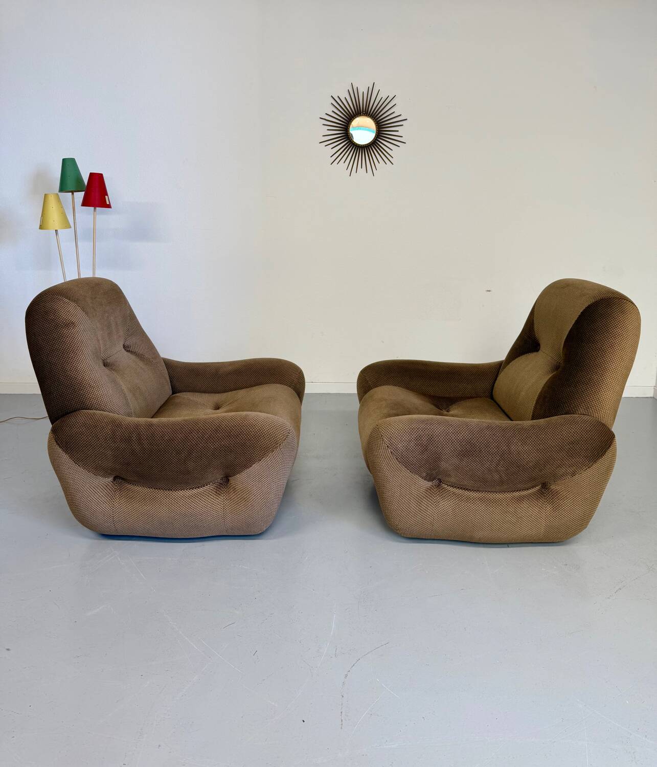 Lot of 2 cosy fabric armchairs, French design, vintage 1970s.