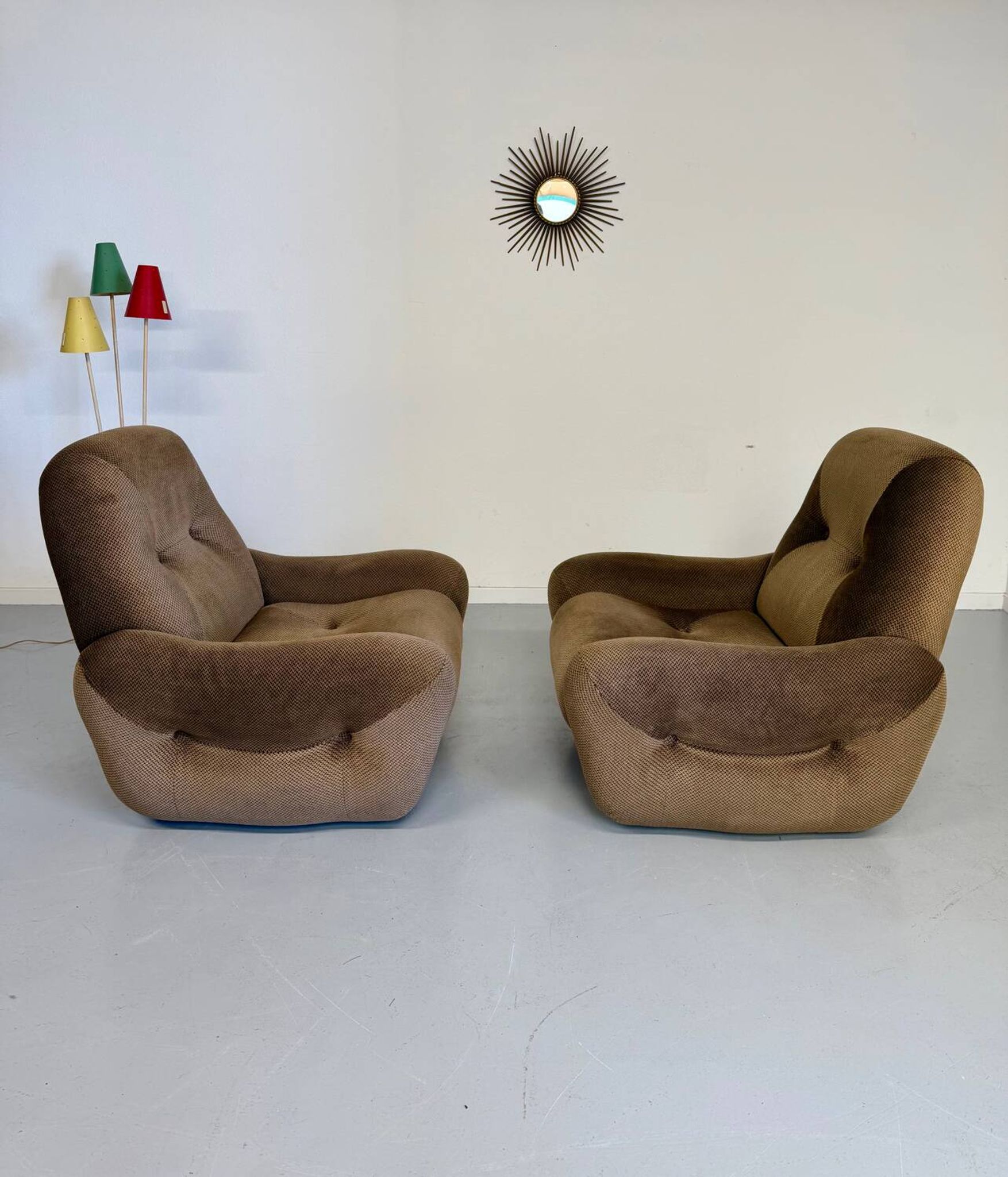 Lot of 2 cosy fabric armchairs, French design, vintage 1970s.