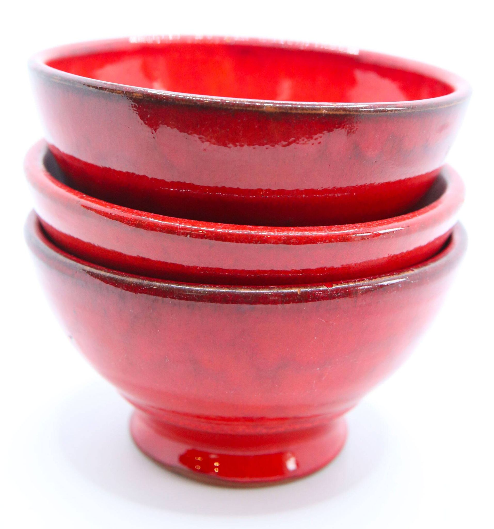 Set of 3 bright red enamelled earth bowls made in France