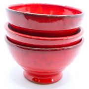 Set of 3 bright red enamelled earth bowls made in France