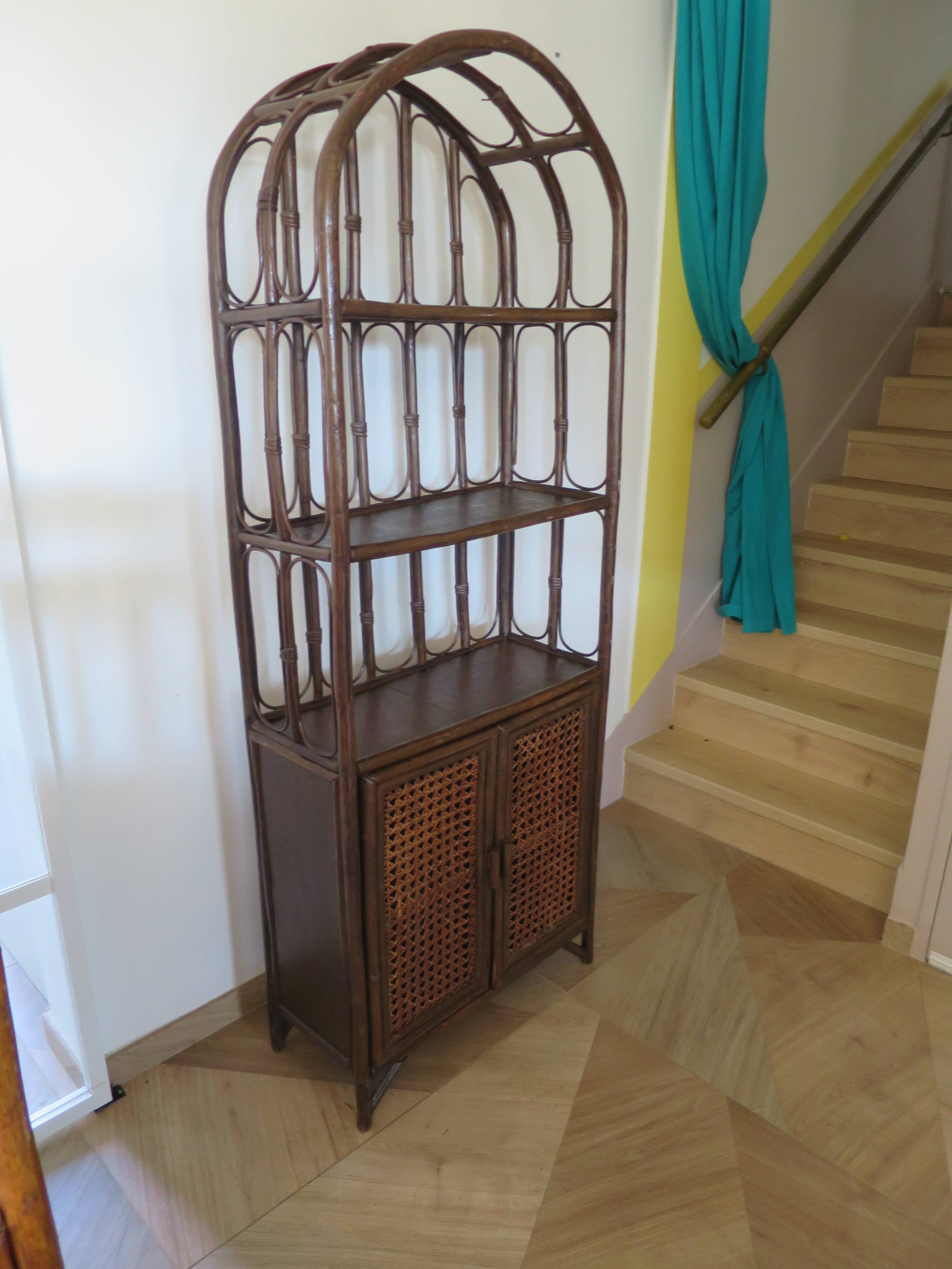 Retro-vintage-Low sideboard-library - cane-wood-rattan-1960s