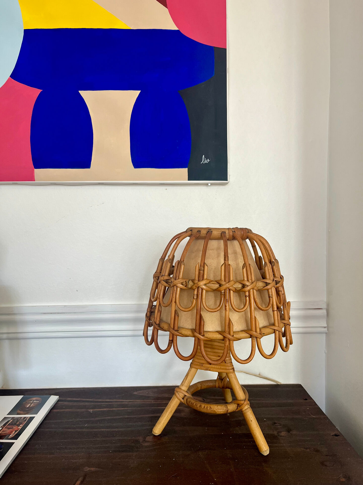 Lampe en rotin Louis Sognot années 1960