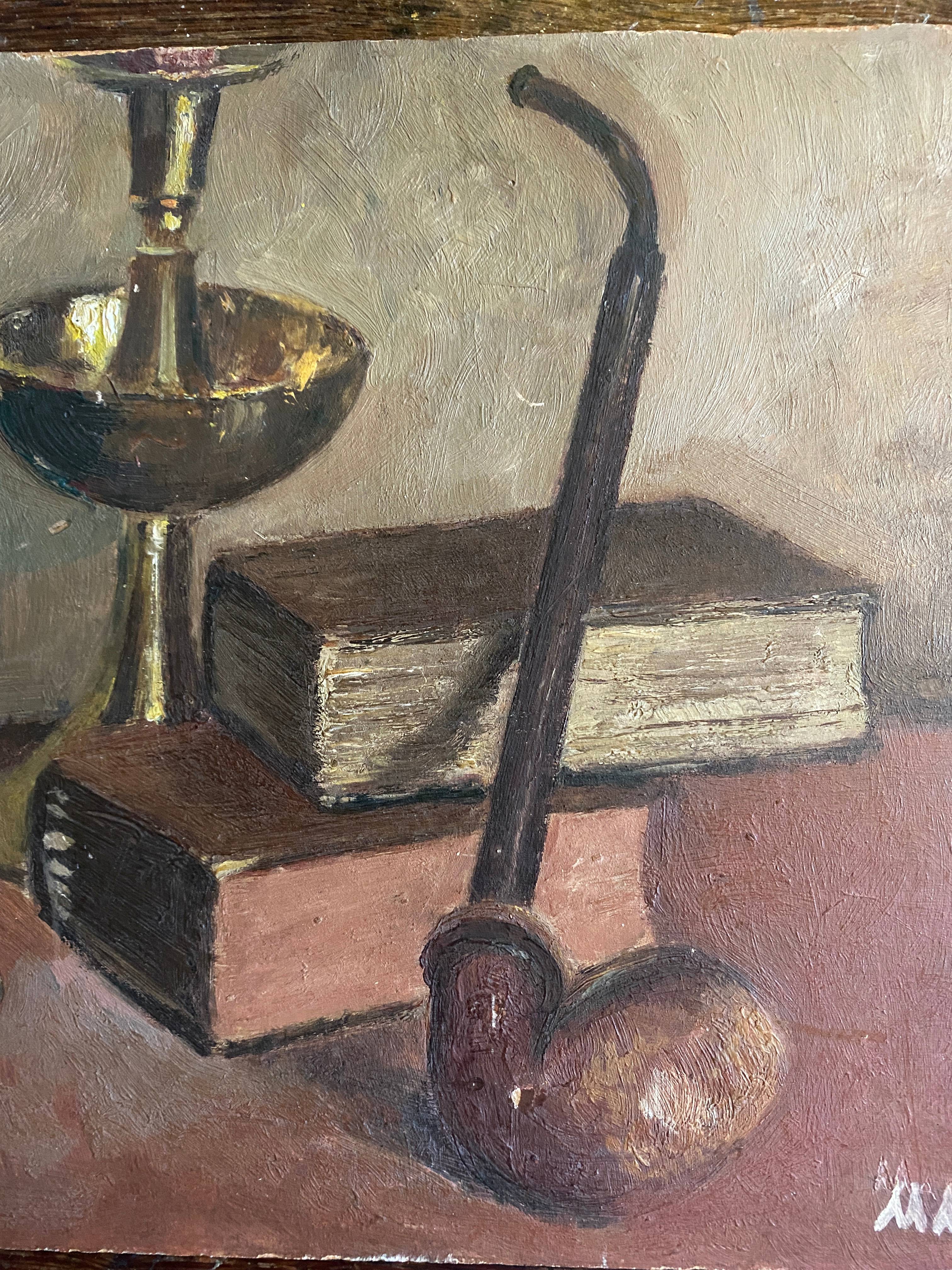 HSP painting "Still Life with Books" charming naïve school signed 1915
