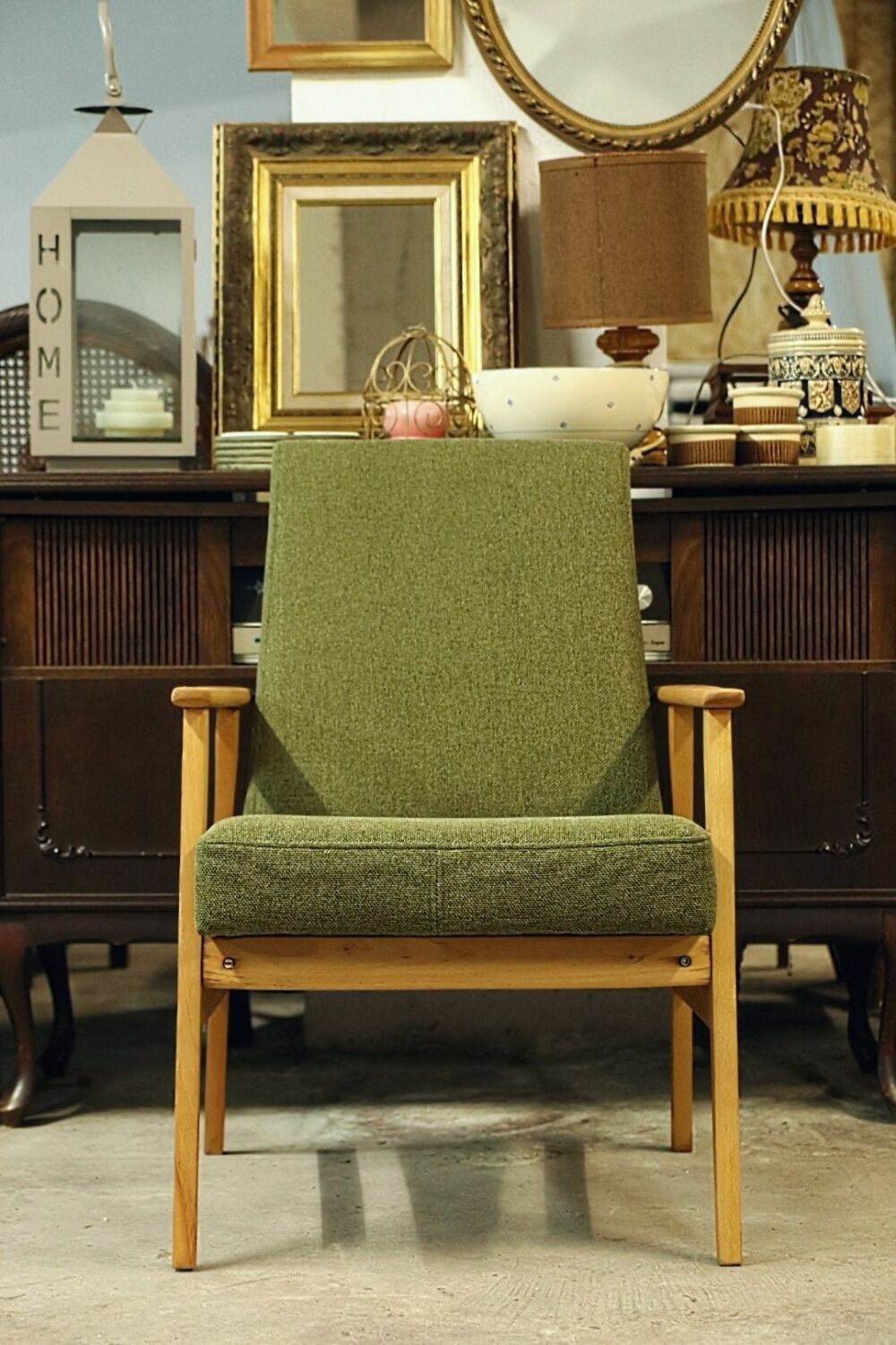 Vintage wood armchair boho green leaf oryginal from Mid century modern 1970 light wood chair salon