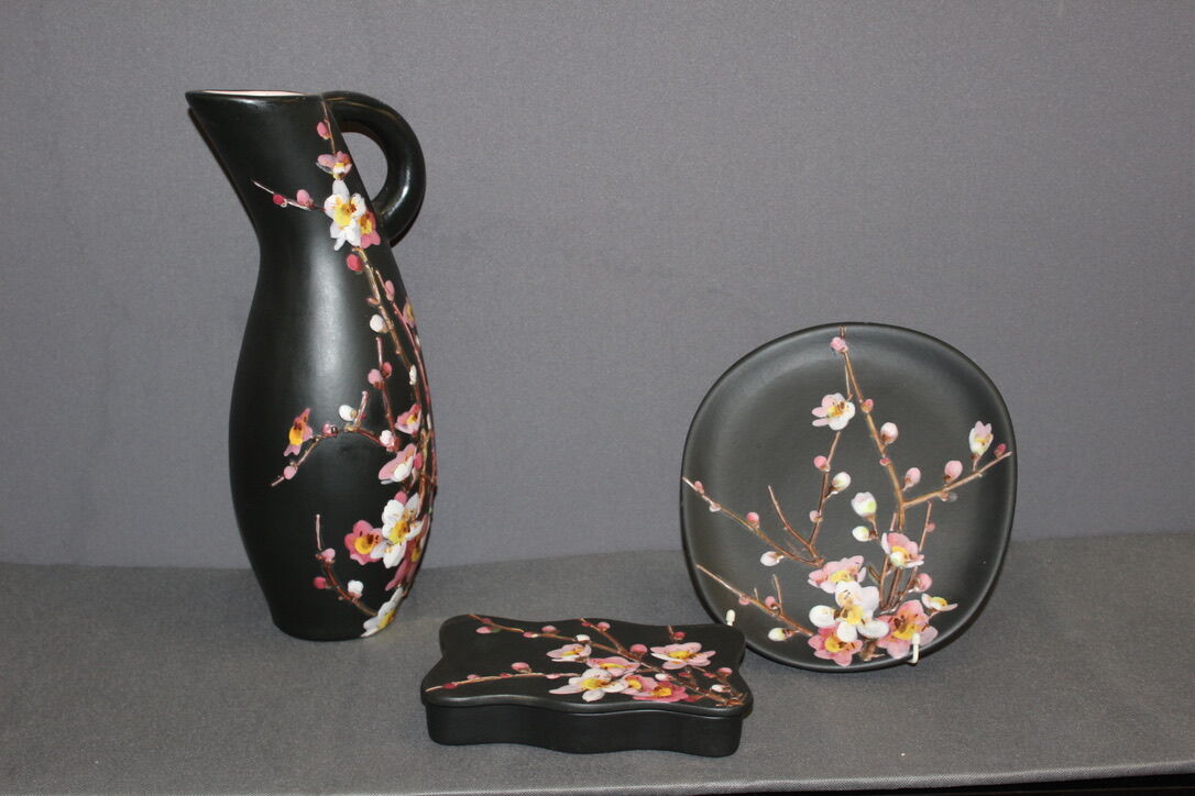 Set Of Three Ceramics By Giraud in Vallauris Apple Blossoms