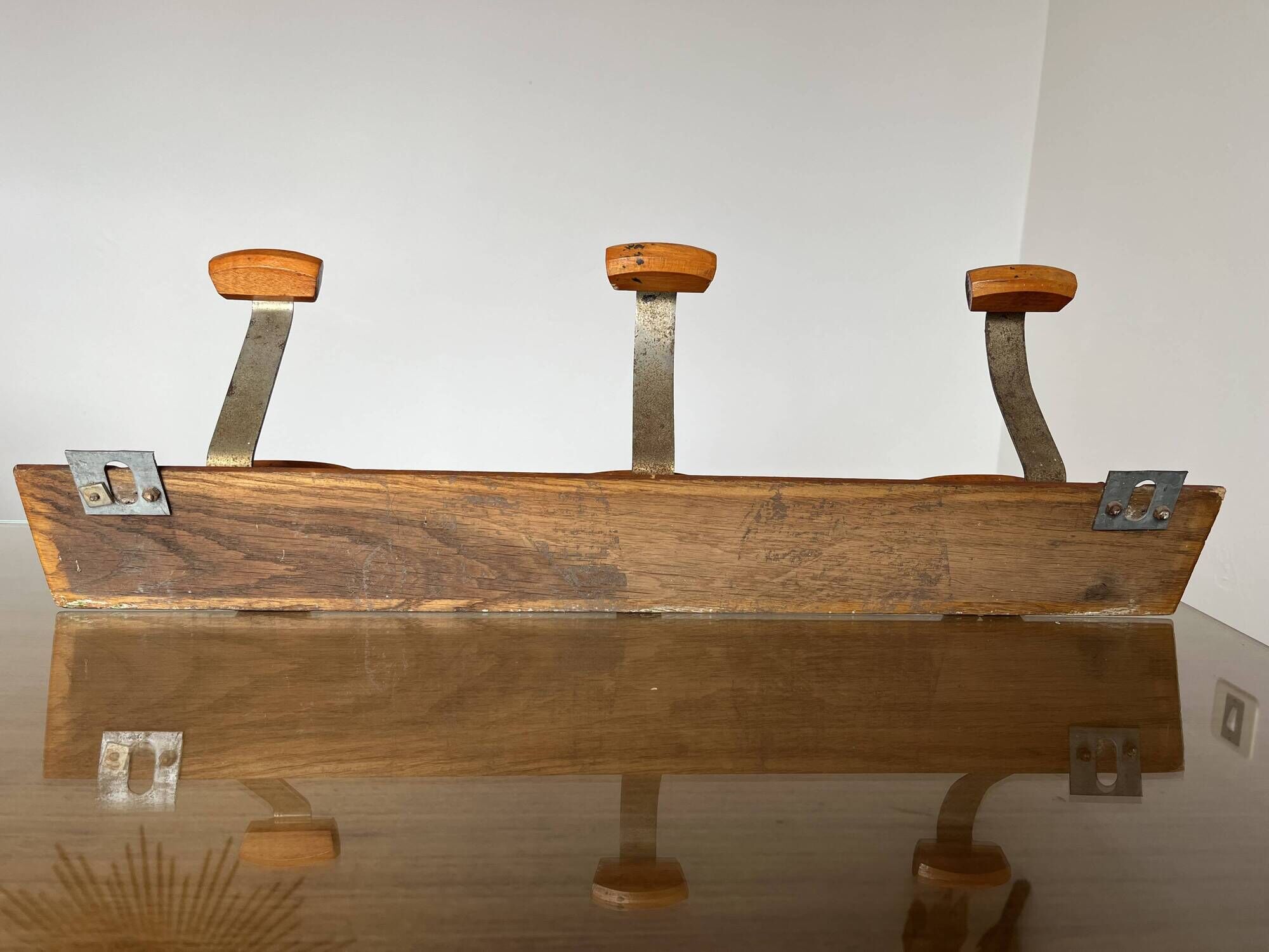 Scandinavian wall coat rack in wood and metal 6 hooks 60s 70s