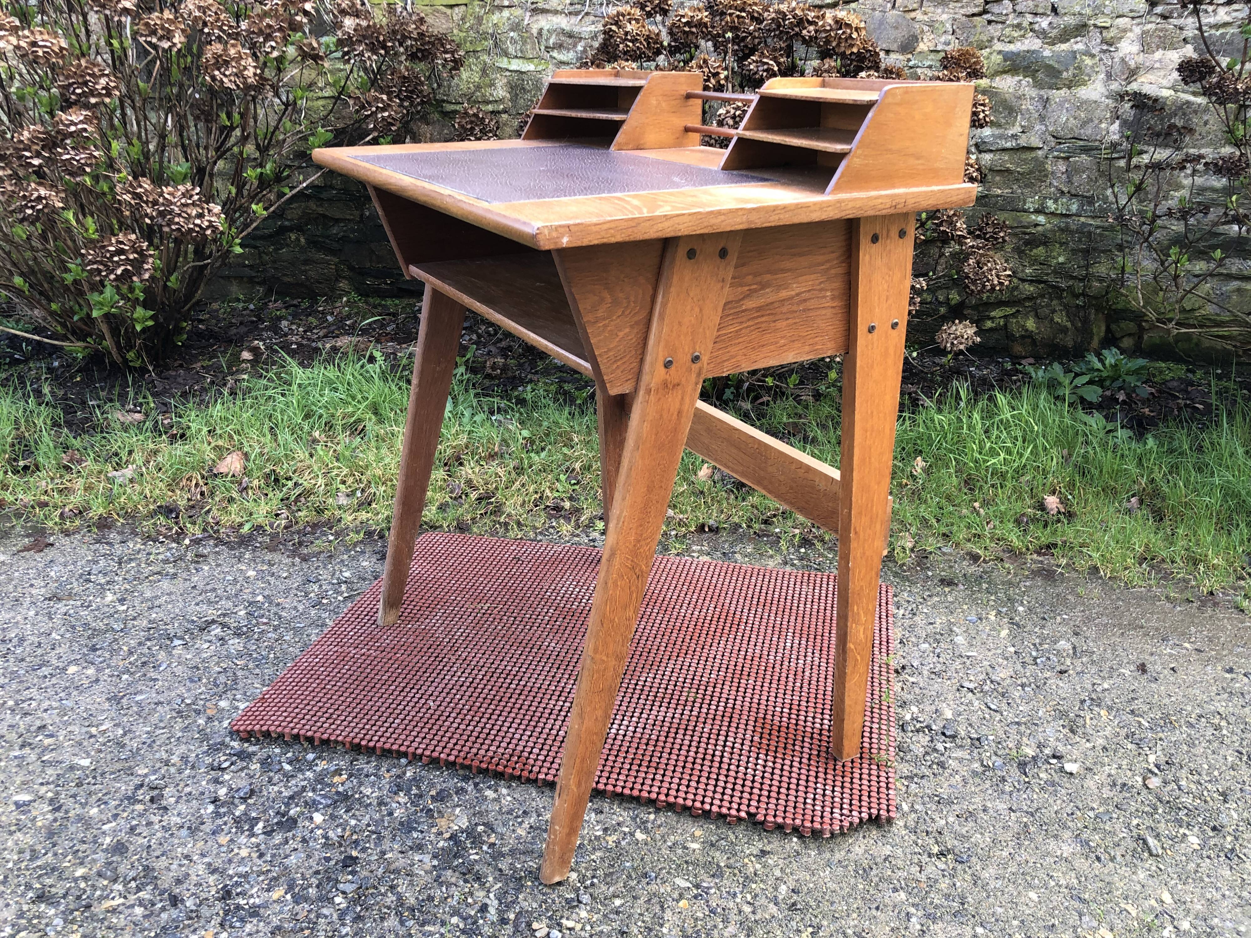 Vintage oak compass leg desk.