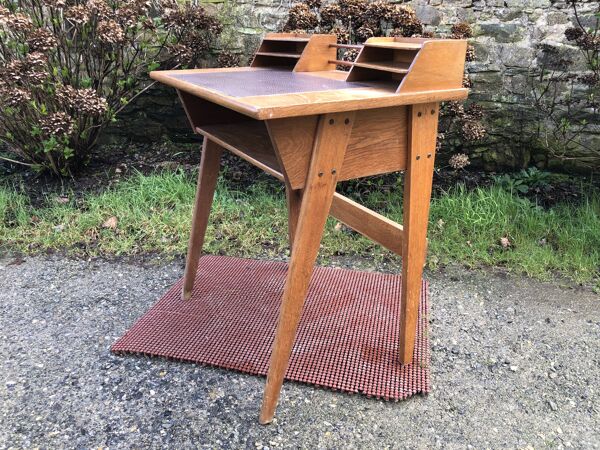 Bureau vintage à pieds compas en chêne.