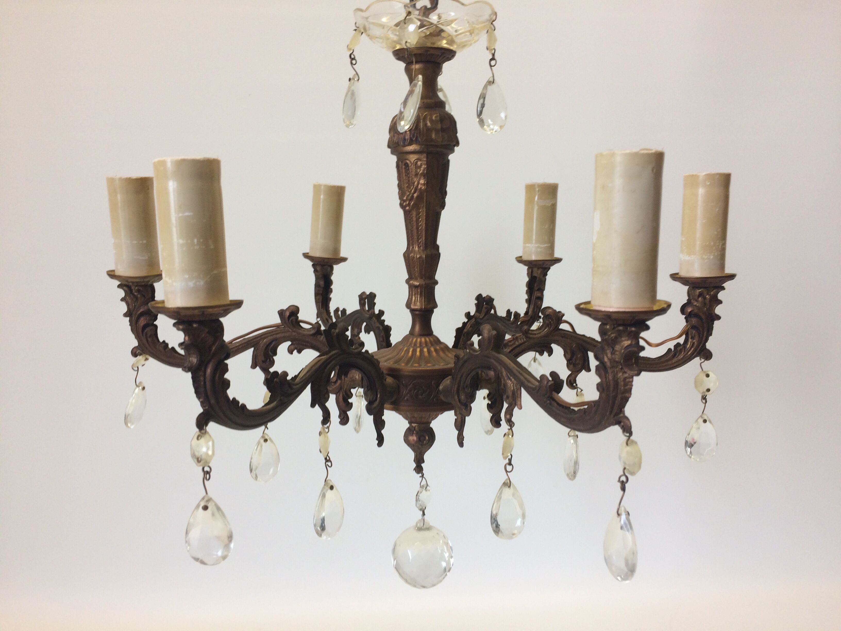 Chandelier 6 lights brass and glass pendants