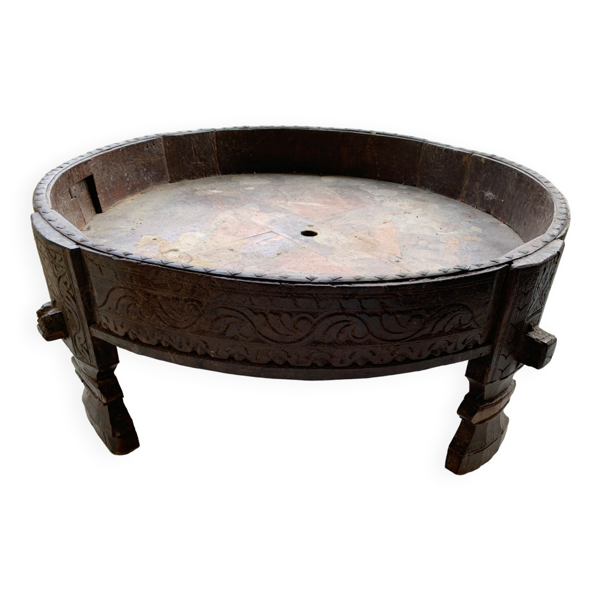 Old Indian grain millstone CHAKKI carved wood