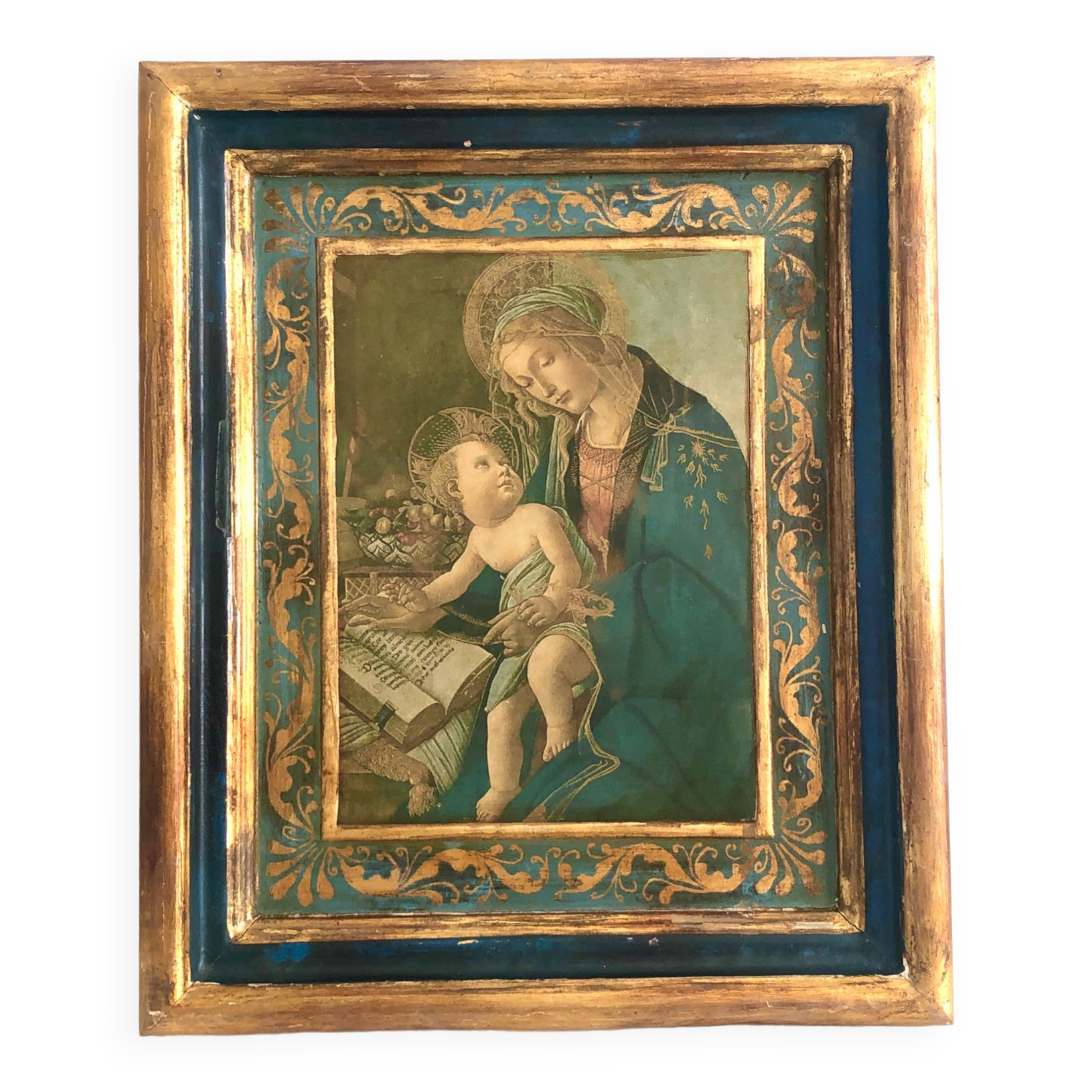 Antique Italian icon, blue and gold wood