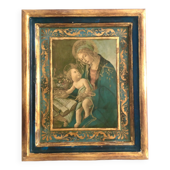 Antique Italian icon, blue and gold wood