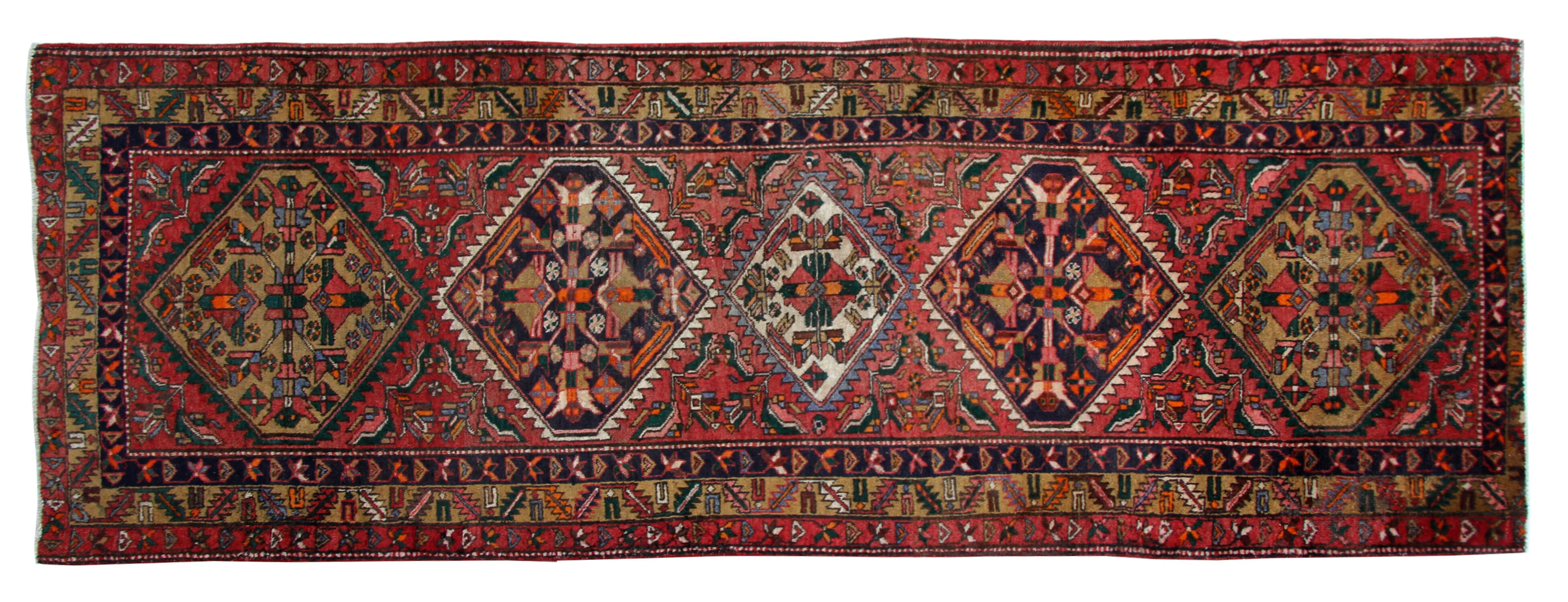 Tribal persian runner rug handwoven traditional red blue wool runner carpet 120x330cm