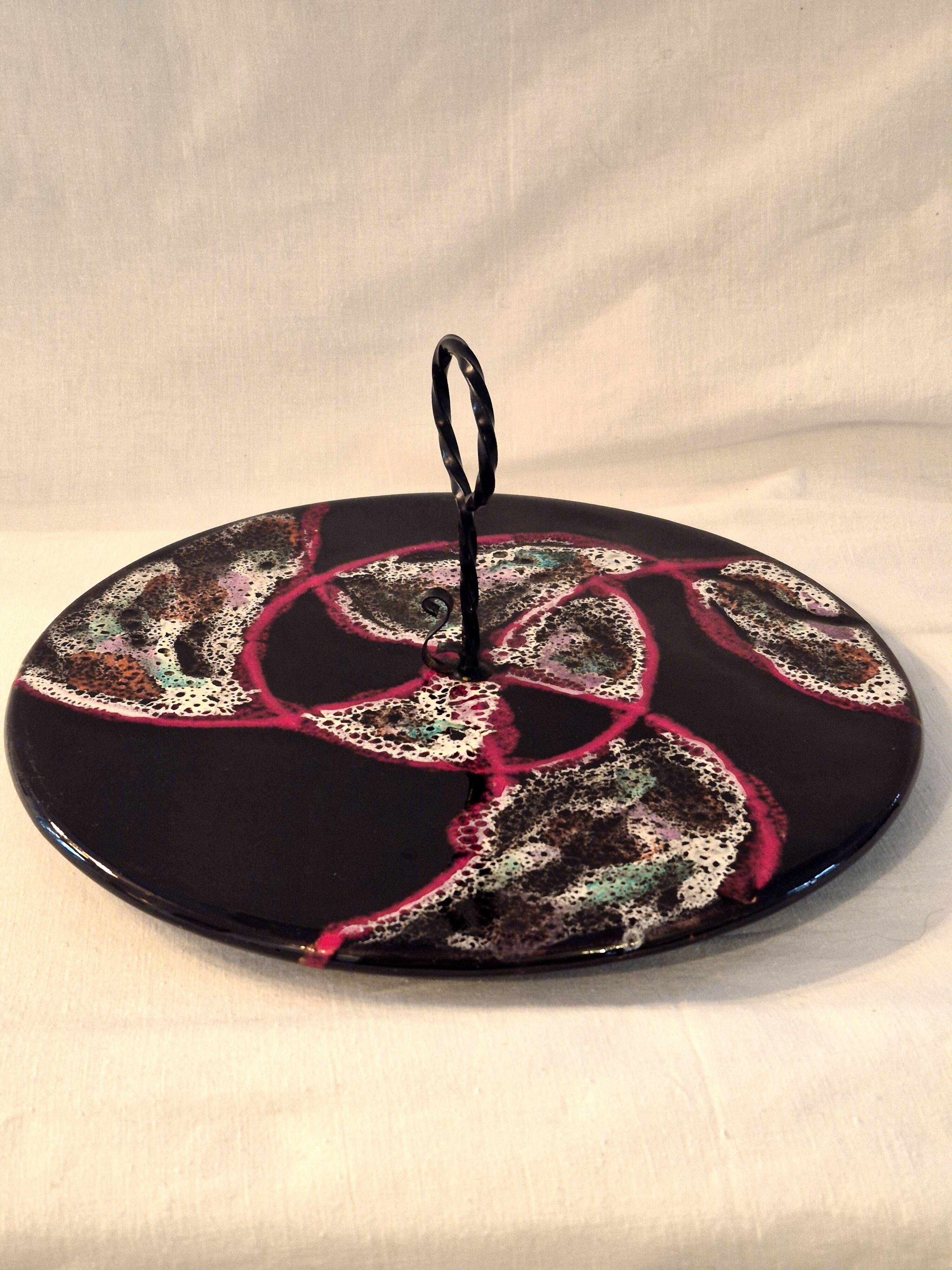 Cheese platter Vallauris glazed ceramic black red A035