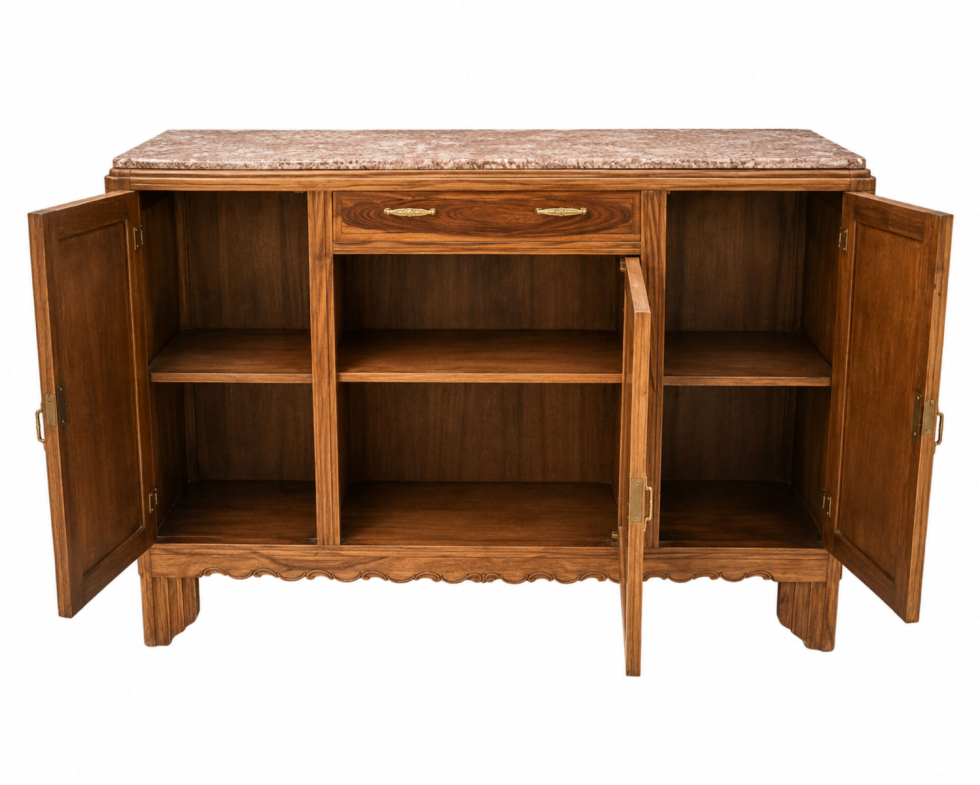 Large Art Deco buffet in walnut veneer and marble, 1930s