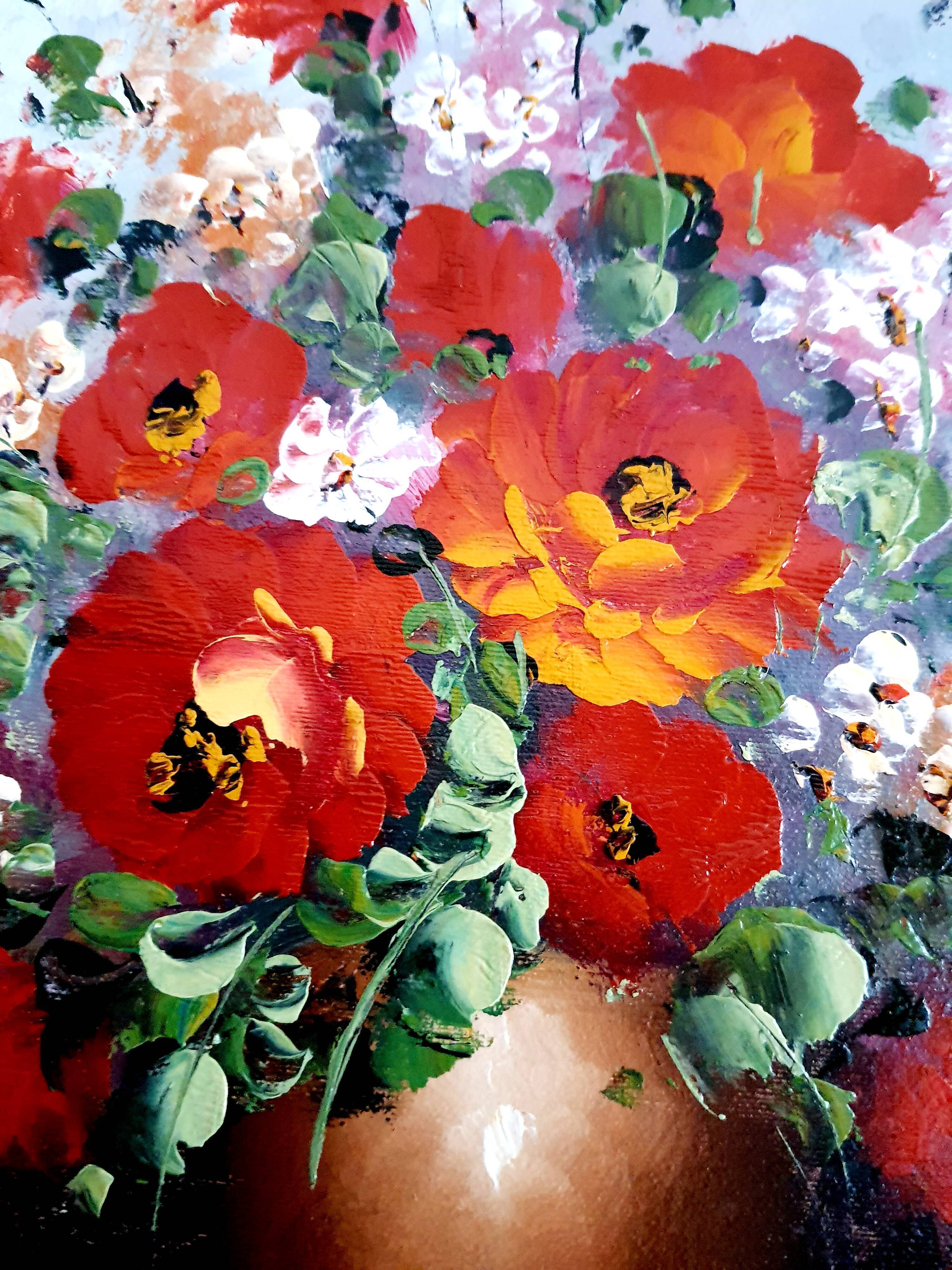 Oil on canvas bouquet of red flowers signed