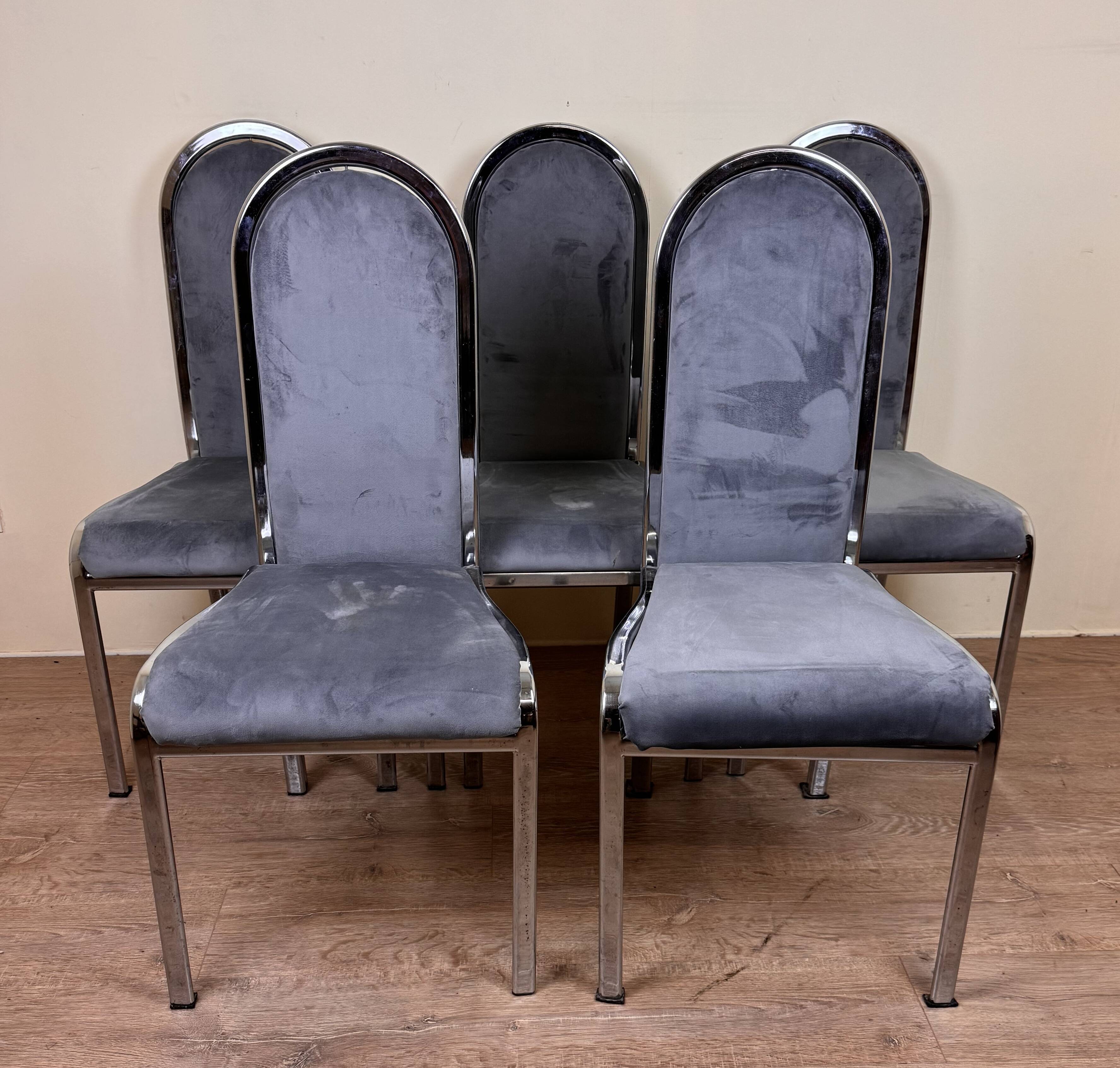 Set of Italian dining chairs from 1970, chrome and covered in blue velvet