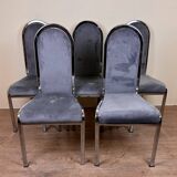 Set of Italian dining chairs from 1970, chrome and covered in blue velvet