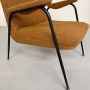 Vintage metal armchair with orange boucle fabric, French design from the 1950s.