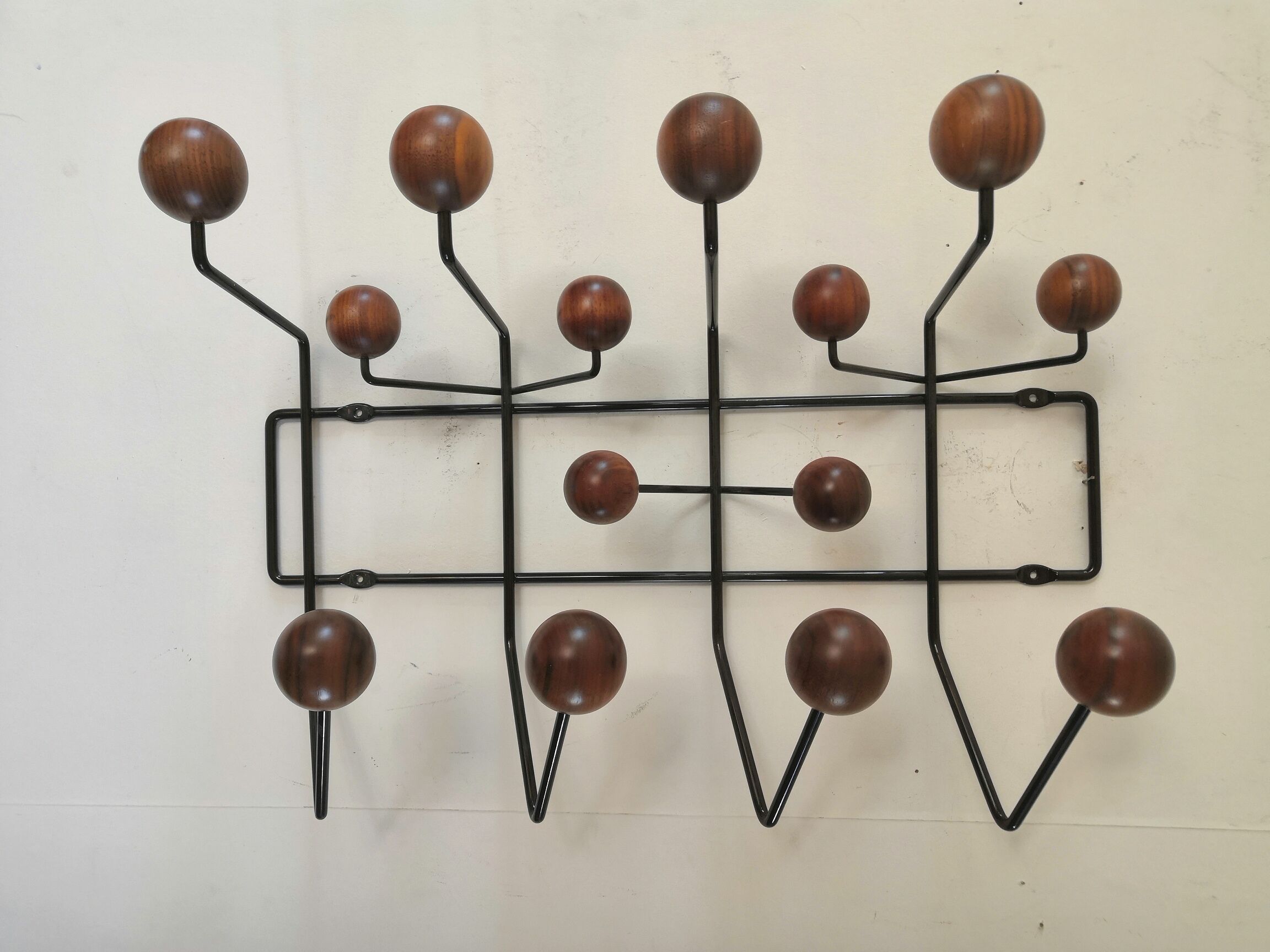 Hang It Hall coat rack, Eames Vitra edition design, walnut and chocolate steel structure