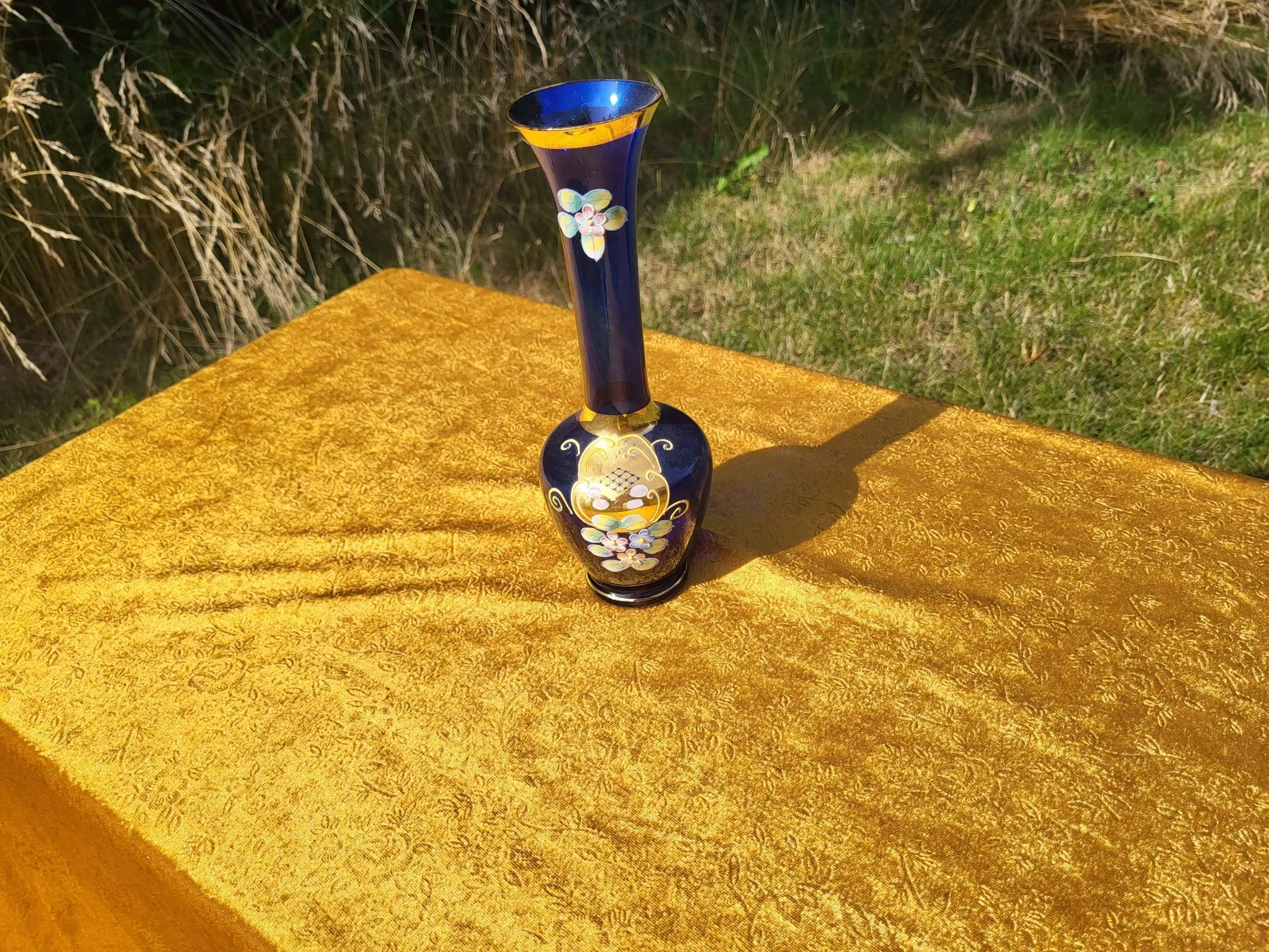 Vintage Bohemian Cobalt Blue Glass Bud Vase | 24K Gold Gilt & Hand-Painted