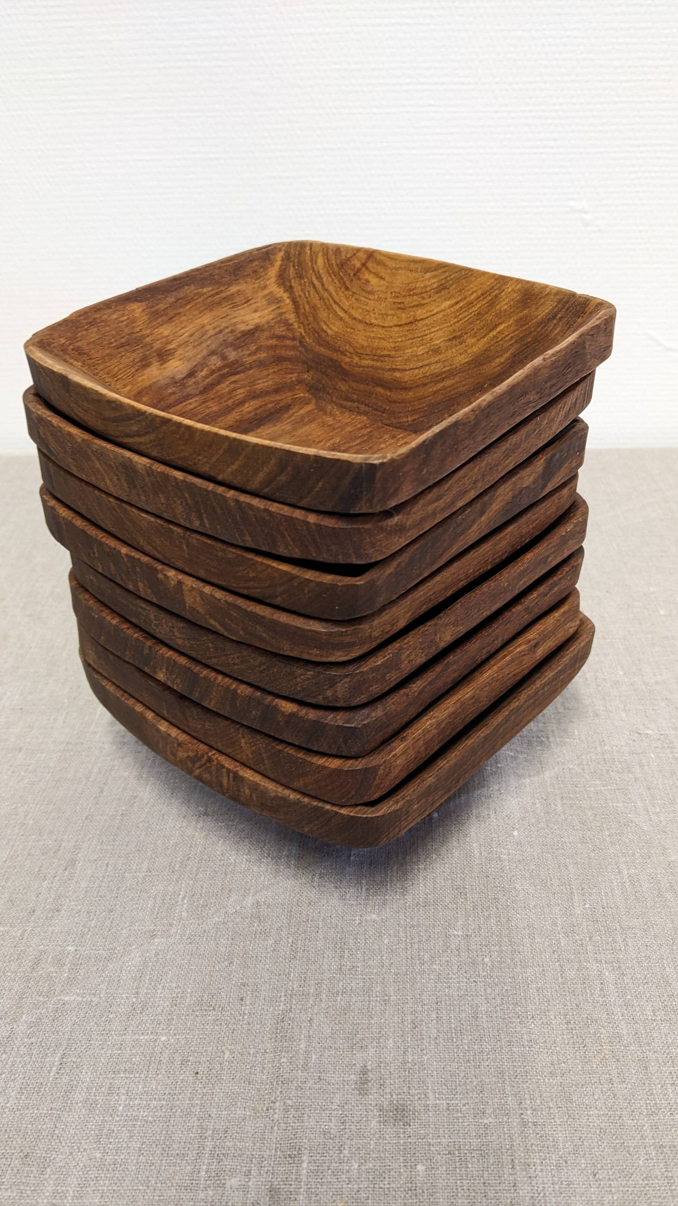 Set of 8 Scandinavian olive wood ramekins, France circa 1960.