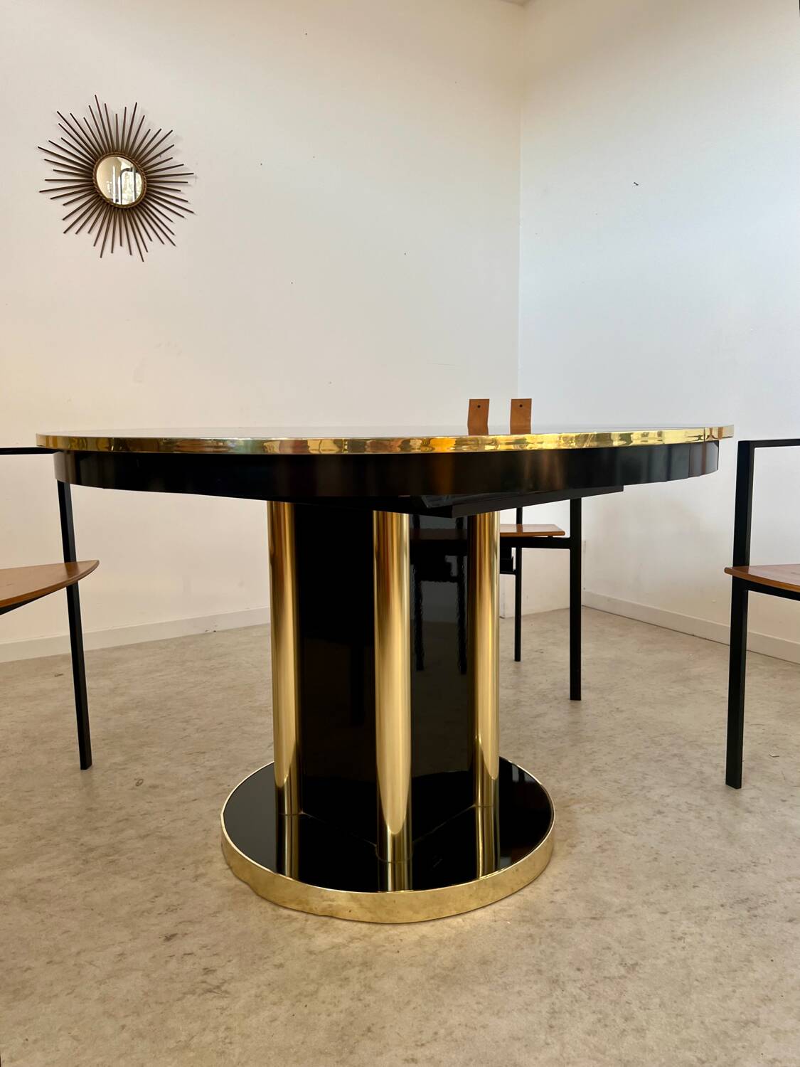 Ancienne table noir laqué et laiton design italien des années 70 à rallonges vintage
