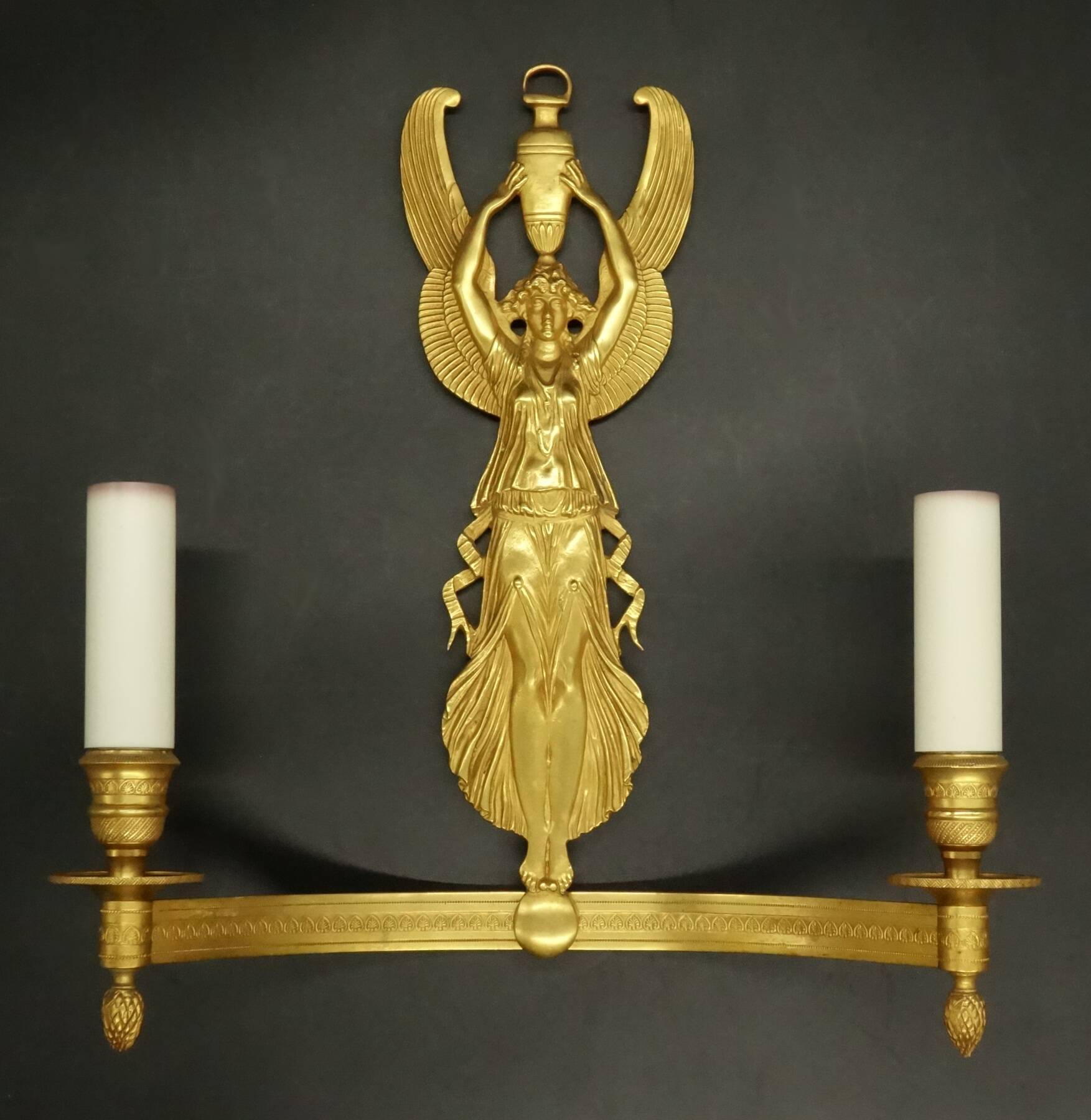 Large pair of Empire style winged caryatid sconces - gilded bronze