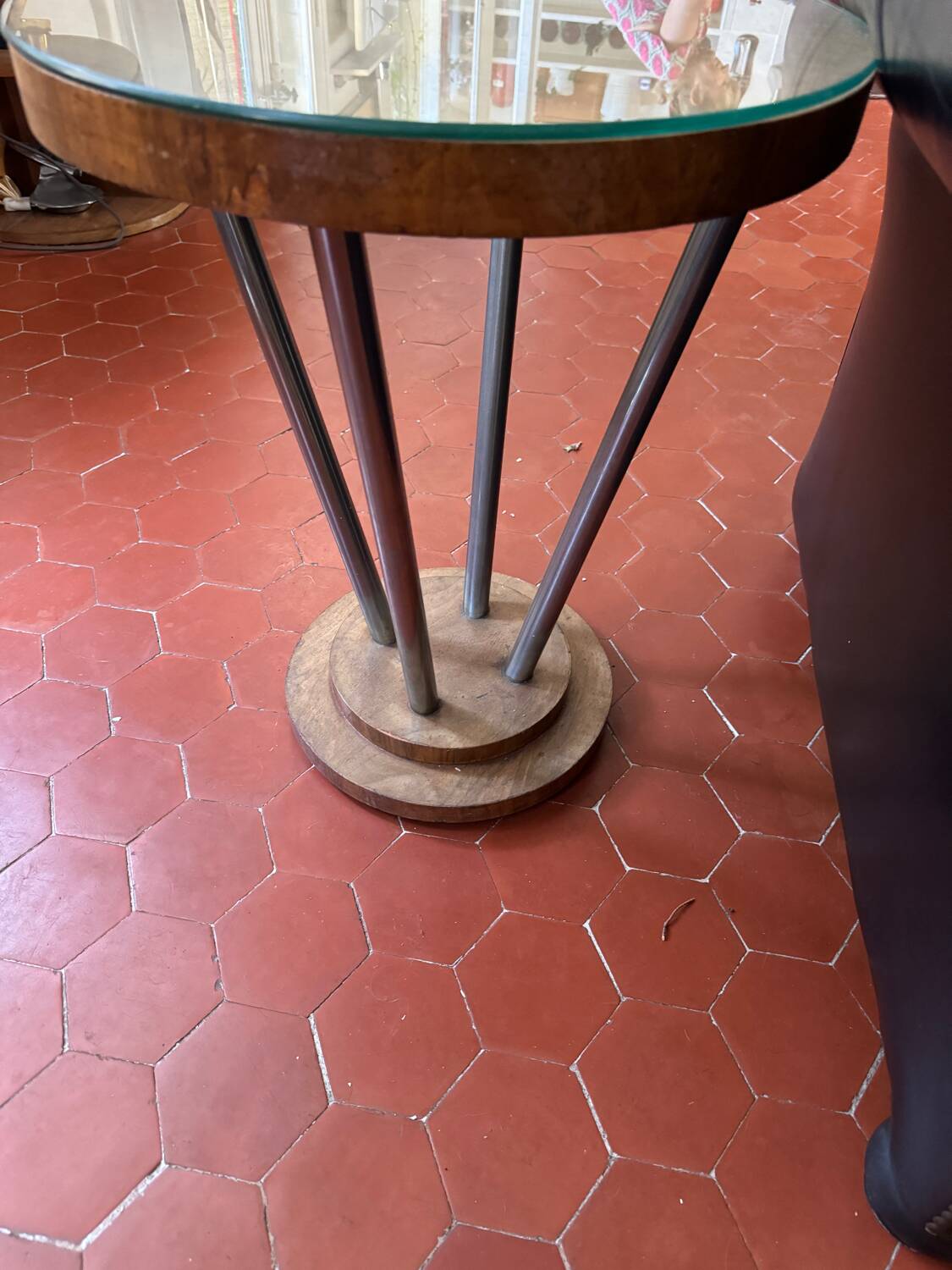 Small wooden and chrome pedestal table from the 1930s with a glass
